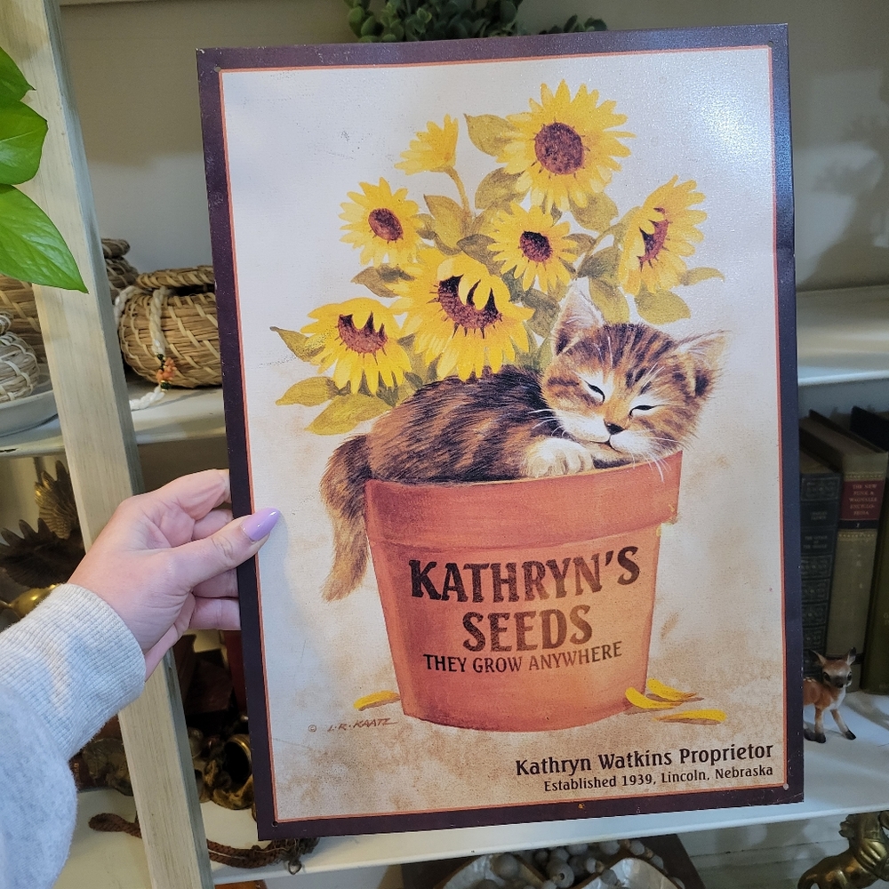 Sunflower & Kitten Flower Pot Vintage Tin Print Wall Hanging Sign
